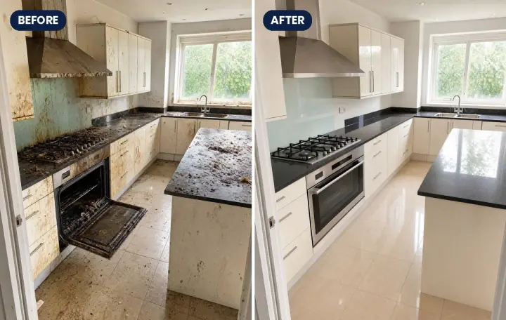A dirty kitchen before, and a deep cleaned kitchen after